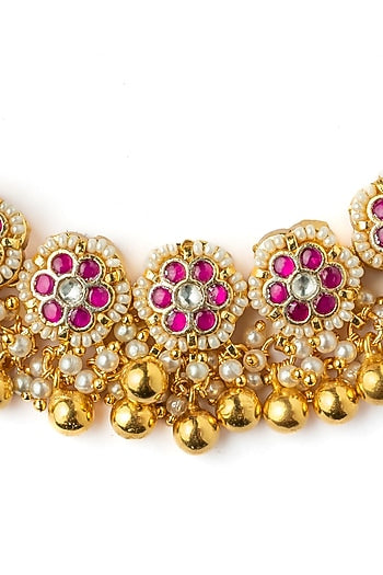 Gold Finish Pink Stone Necklace Set