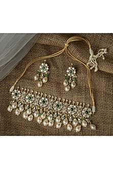 Gold Finish Pearl & Green Kundan Polki Choker Necklace Set