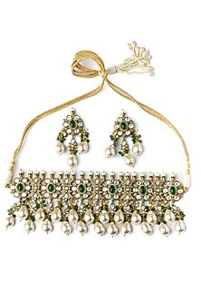 Gold Finish Pearl & Green Kundan Polki Choker Necklace Set