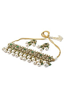 Gold Finish Pearl & Green Kundan Polki Choker Necklace Set