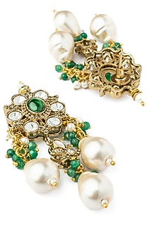 Gold Finish Pearl & Green Kundan Polki Choker Necklace Set
