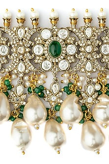Gold Finish Pearl & Green Kundan Polki Choker Necklace Set