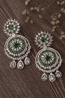 Silver Finish Green & White Stone Chandbali Earrings