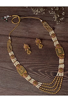 Gold Finish Pearl & Beaded Long Necklace Set