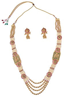 Gold Finish Pearl & Beaded Long Necklace Set