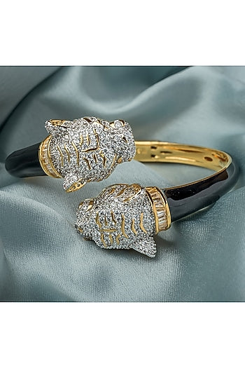 Gold Finish Black Enameled Floral Openable Kada