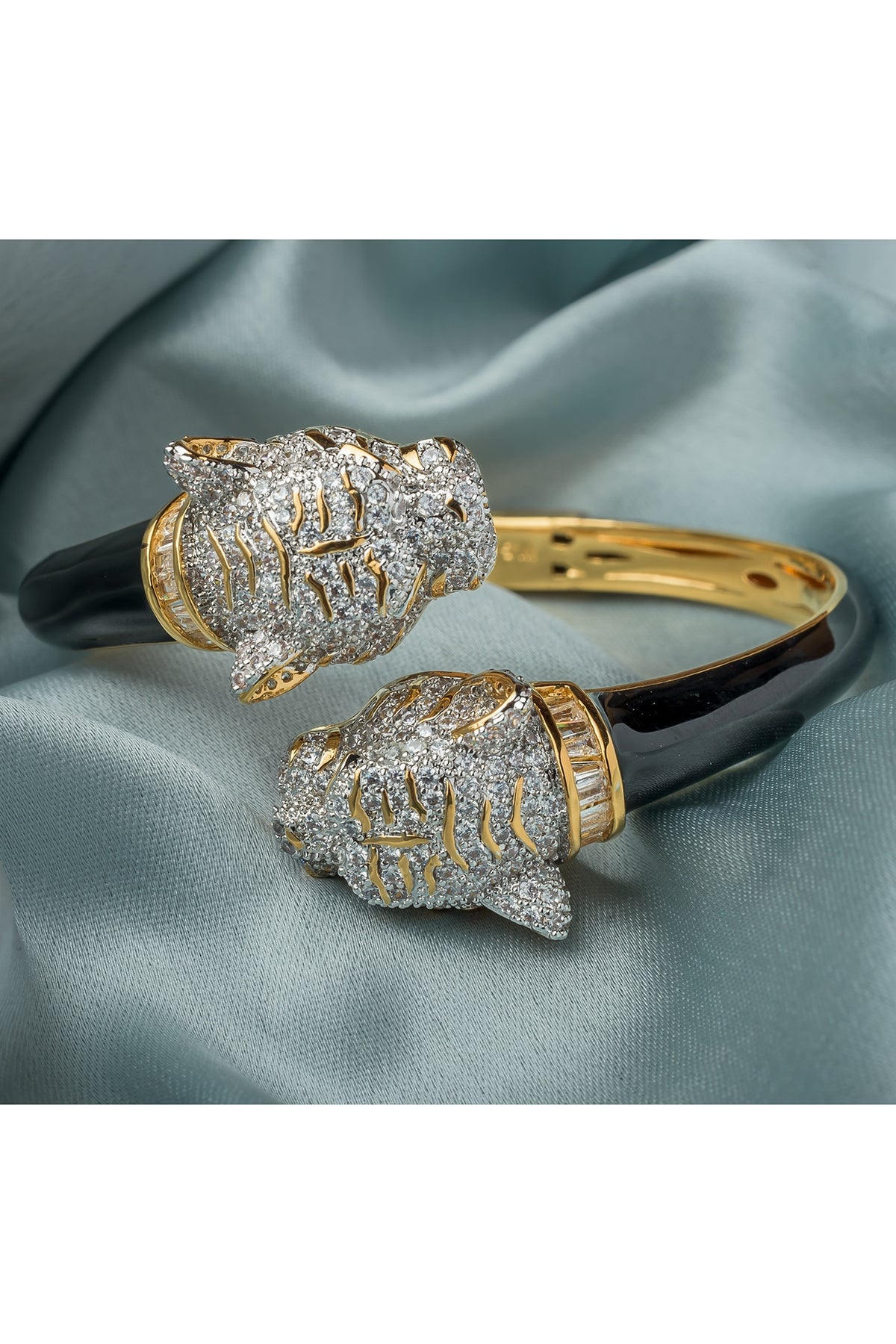Gold Finish Black Enameled Floral Openable Kada