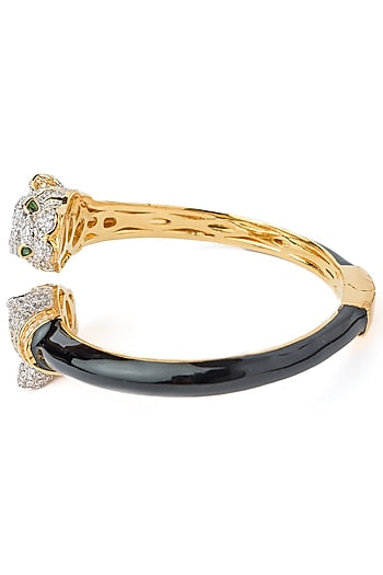 Gold Finish Black Enameled Floral Openable Kada