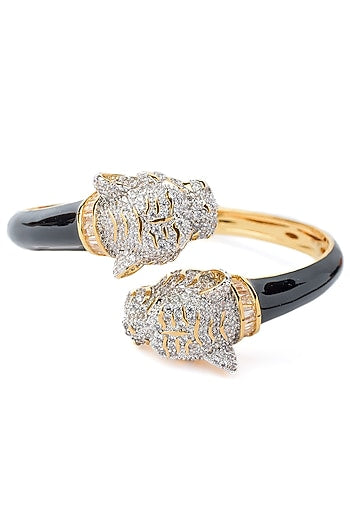 Gold Finish Black Enameled Floral Openable Kada