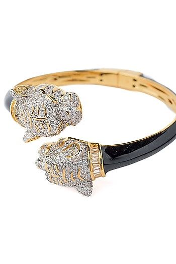 Gold Finish Black Enameled Floral Openable Kada