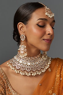Gold Finish Kundan Polki & Natural Stone Choker Necklace Set