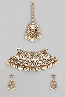 Gold Finish Kundan Polki & Natural Stone Choker Necklace Set