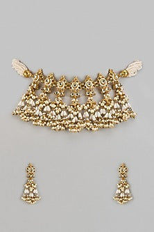 Gold Finish Kundan Polki & Beaded Choker Necklace Set