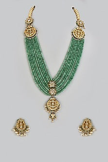 Gold Finish Kundan Polki & Green Beaded Layered Long Necklace Set