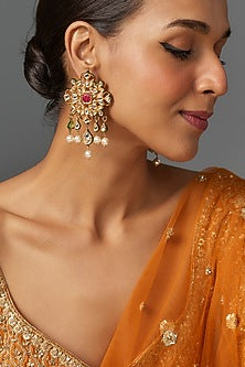 Gold Finish Kundan Polki & Pearl Drop Jhumka Earrings