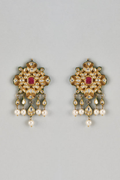 Gold Finish Kundan Polki & Pearl Drop Jhumka Earrings