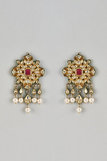 Gold Finish Kundan Polki & Pearl Drop Jhumka Earrings