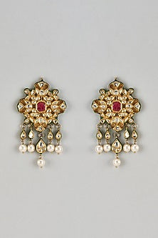 Gold Finish Kundan Polki & Pearl Drop Jhumka Earrings