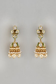 Gold Finish Kundan Polki & Pearl Drop Meenakari Jhumka Earrings
