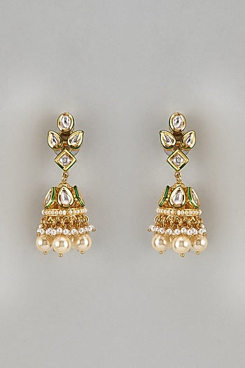 Gold Finish Kundan Polki & Pearl Drop Meenakari Jhumka Earrings