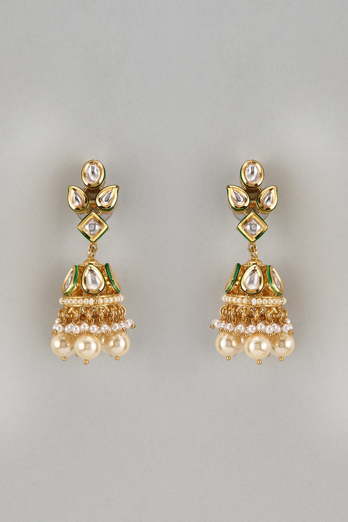 Gold Finish Kundan Polki & Pearl Drop Meenakari Jhumka Earrings