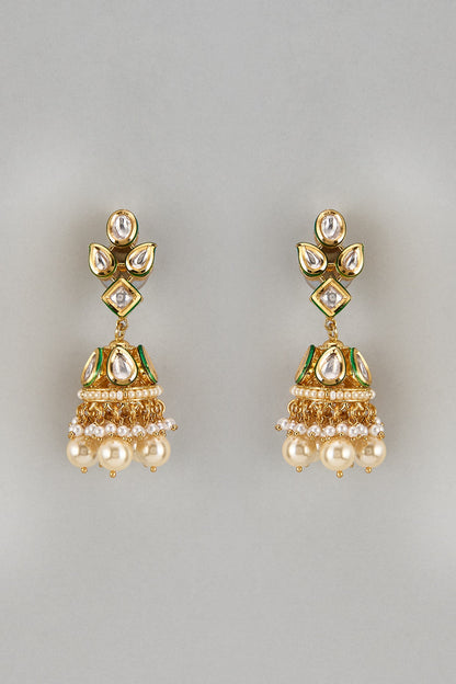 Gold Finish Kundan Polki & Pearl Drop Meenakari Jhumka Earrings