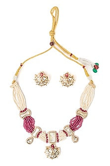 Gold Finish Pearl & Maroon Beaded Choker Necklace Set