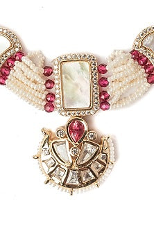 Gold Finish Pearl & Maroon Beaded Choker Necklace Set