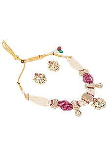 Gold Finish Pearl & Maroon Beaded Choker Necklace Set