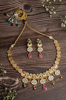 Gold Finish Pink & Green Stone Floral Choker Necklace Set