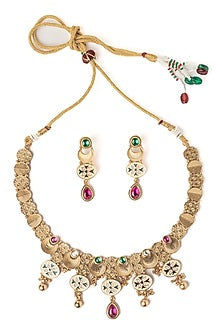 Gold Finish Pink & Green Stone Floral Choker Necklace Set