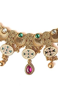 Gold Finish Pink & Green Stone Floral Choker Necklace Set