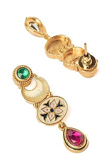 Gold Finish Pink & Green Stone Floral Choker Necklace Set