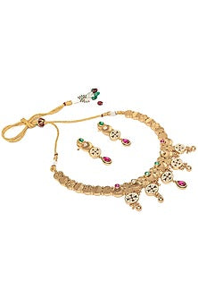 Gold Finish Pink & Green Stone Floral Choker Necklace Set