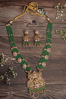 Gold Finish Green Beaded Long Layered Necklace Set