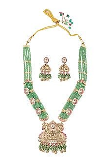 Gold Finish Green Beaded Long Layered Necklace Set