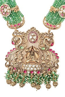 Gold Finish Green Beaded Long Layered Necklace Set