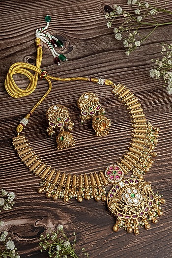 Gold Finish Gemstone Necklace Set