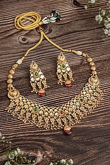 Gold Finish Red & Green Stone Necklace Set
