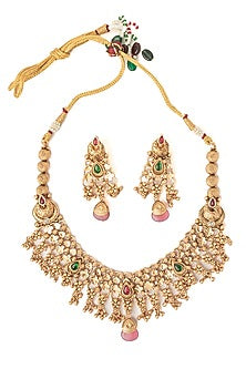 Gold Finish Red & Green Stone Necklace Set