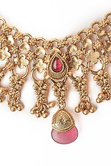 Gold Finish Red & Green Stone Necklace Set