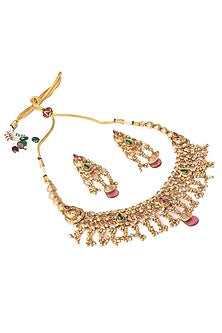 Gold Finish Red & Green Stone Necklace Set