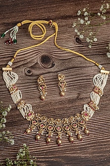 Gold Finish Pearl & Red Stone Choker Necklace Set