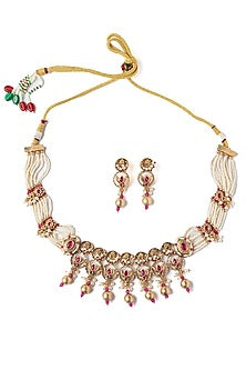 Gold Finish Pearl & Red Stone Choker Necklace Set