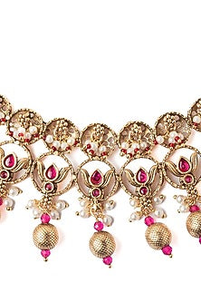 Gold Finish Pearl & Red Stone Choker Necklace Set