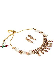 Gold Finish Pearl & Red Stone Choker Necklace Set