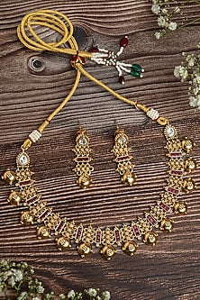 Gold Finish Ruby Pink Stone Choker Necklace Set