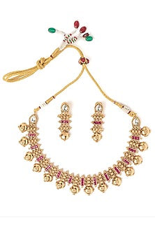Gold Finish Ruby Pink Stone Choker Necklace Set
