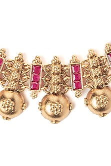 Gold Finish Ruby Pink Stone Choker Necklace Set