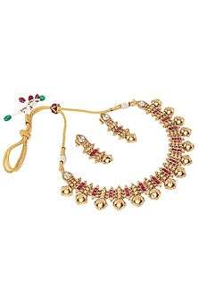 Gold Finish Ruby Pink Stone Choker Necklace Set